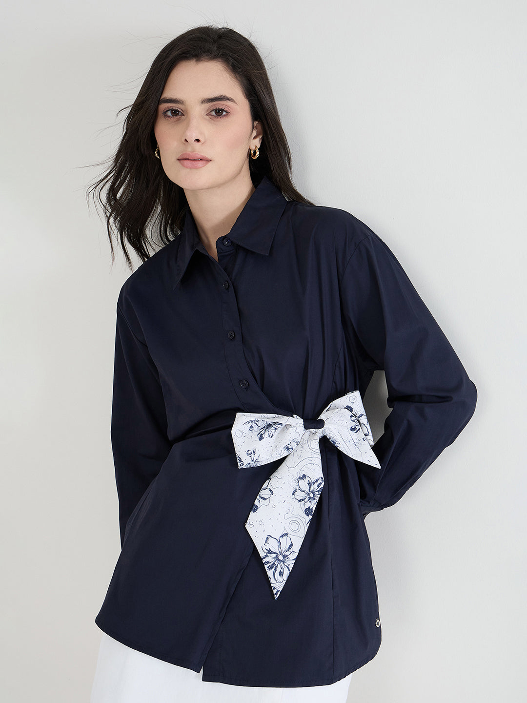 Iconic Women Navy Blue Solid Collared Shirt