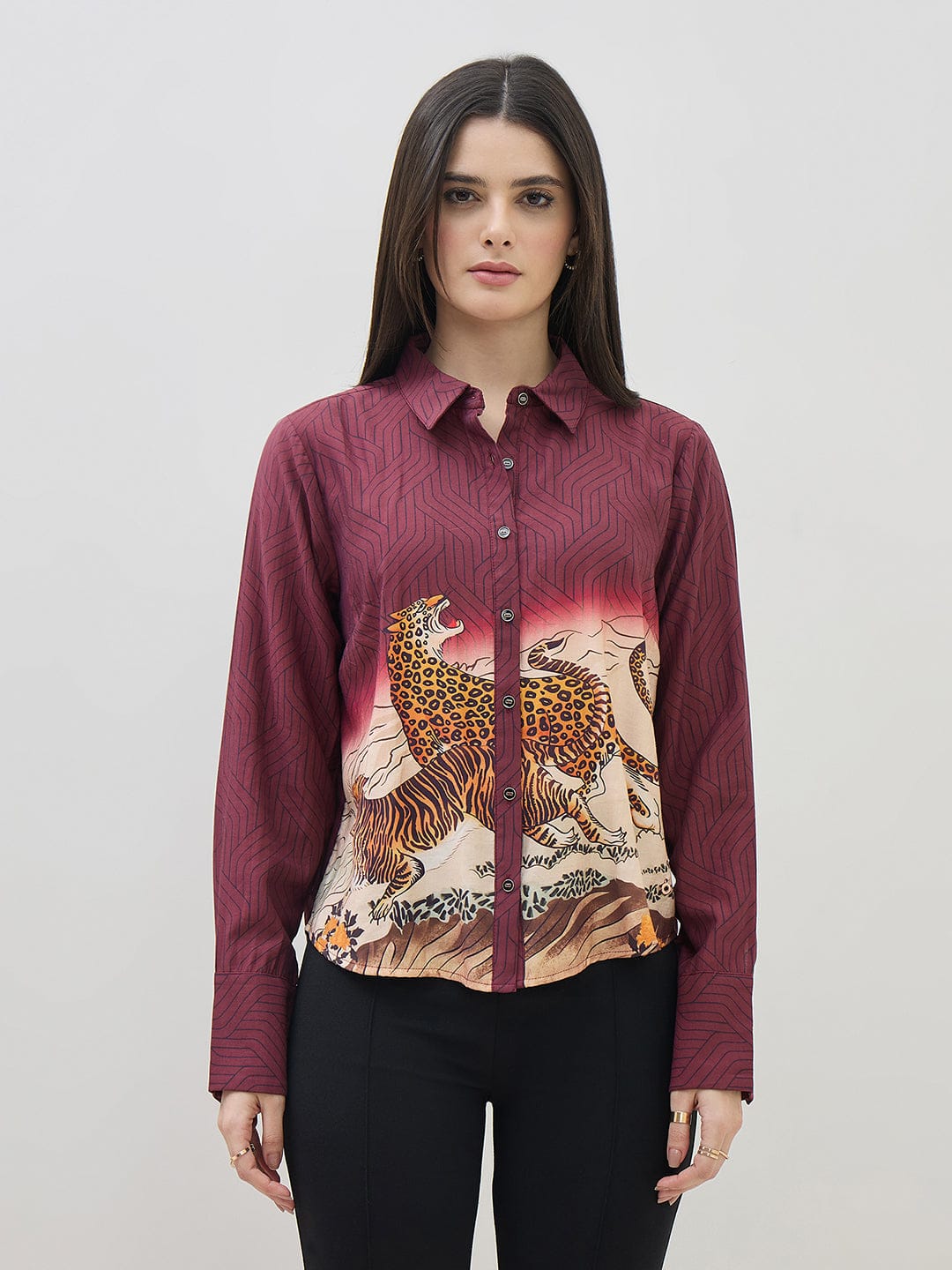 ICONIC Women Maroon Printed Shirt Collar Regular Fit Shirt