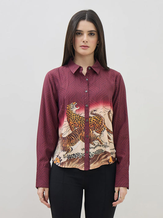 ICONIC Women Maroon Printed Shirt Collar Regular Fit Shirt