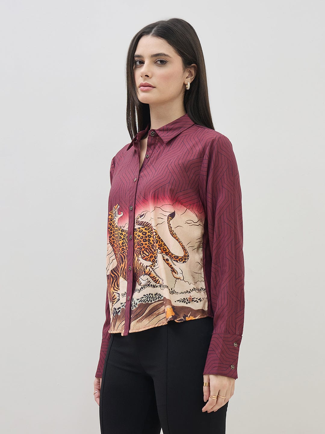 ICONIC Women Maroon Printed Shirt Collar Regular Fit Shirt