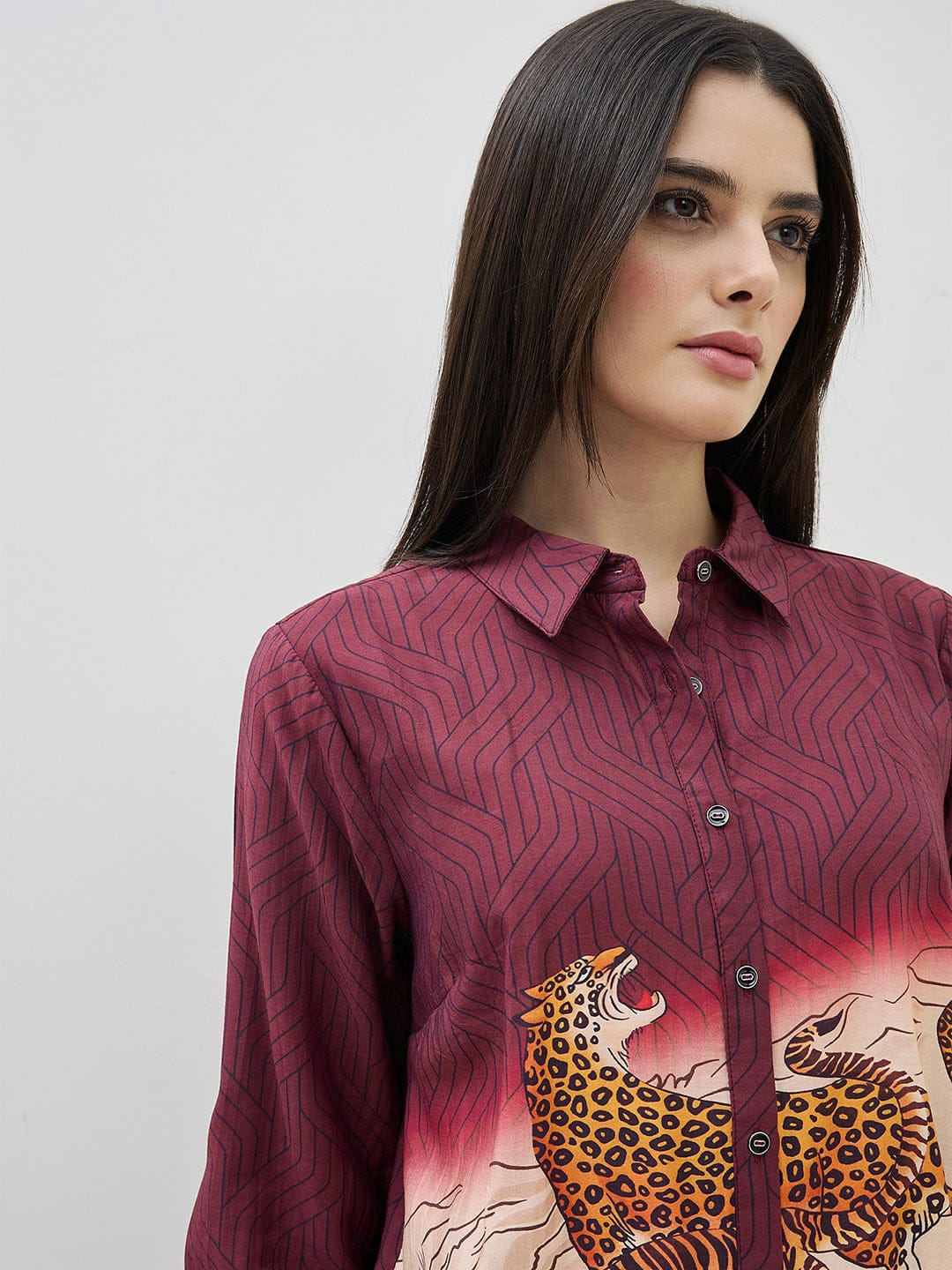 ICONIC Women Maroon Printed Shirt Collar Regular Fit Shirt