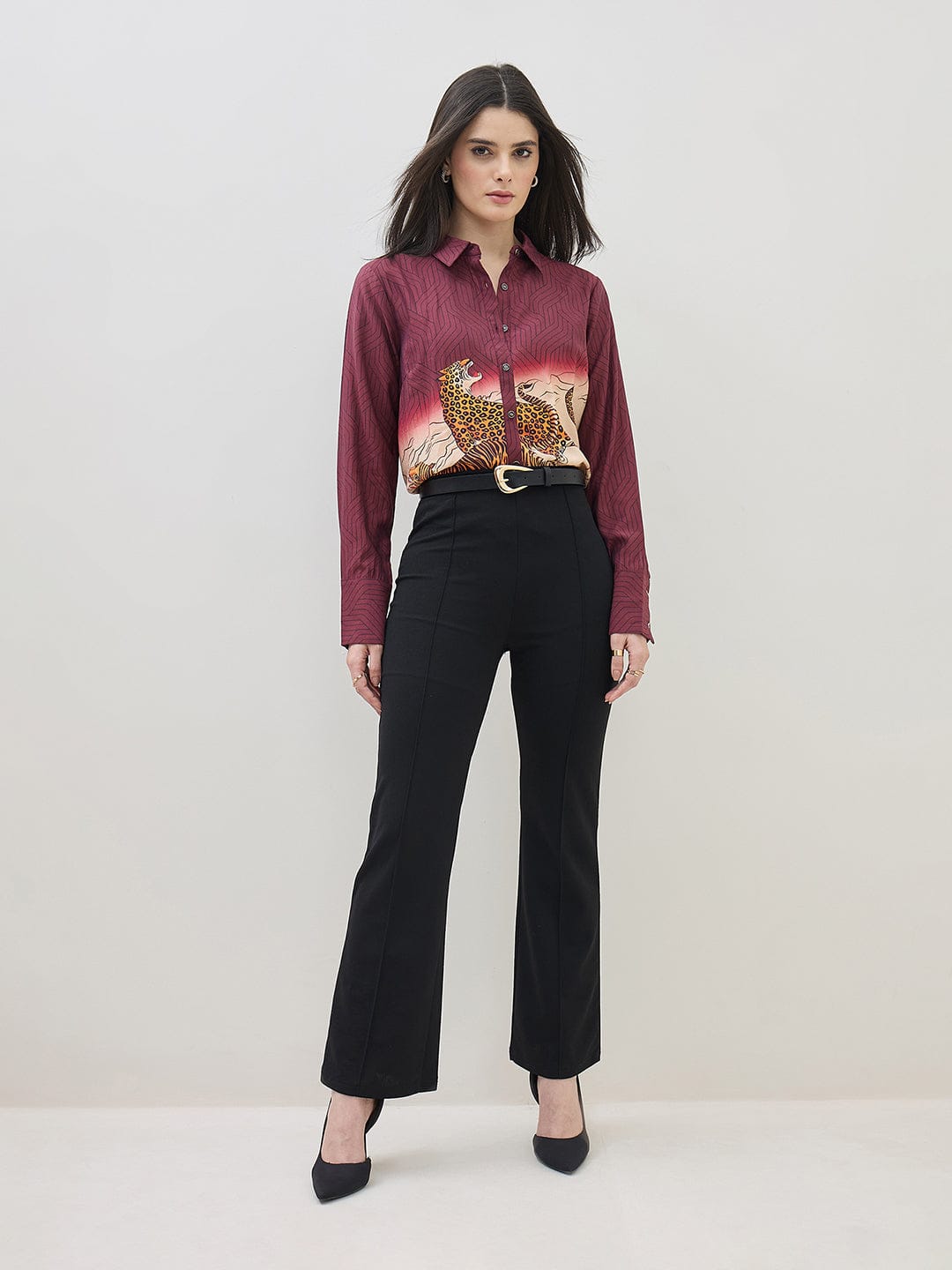 ICONIC Women Maroon Printed Shirt Collar Regular Fit Shirt
