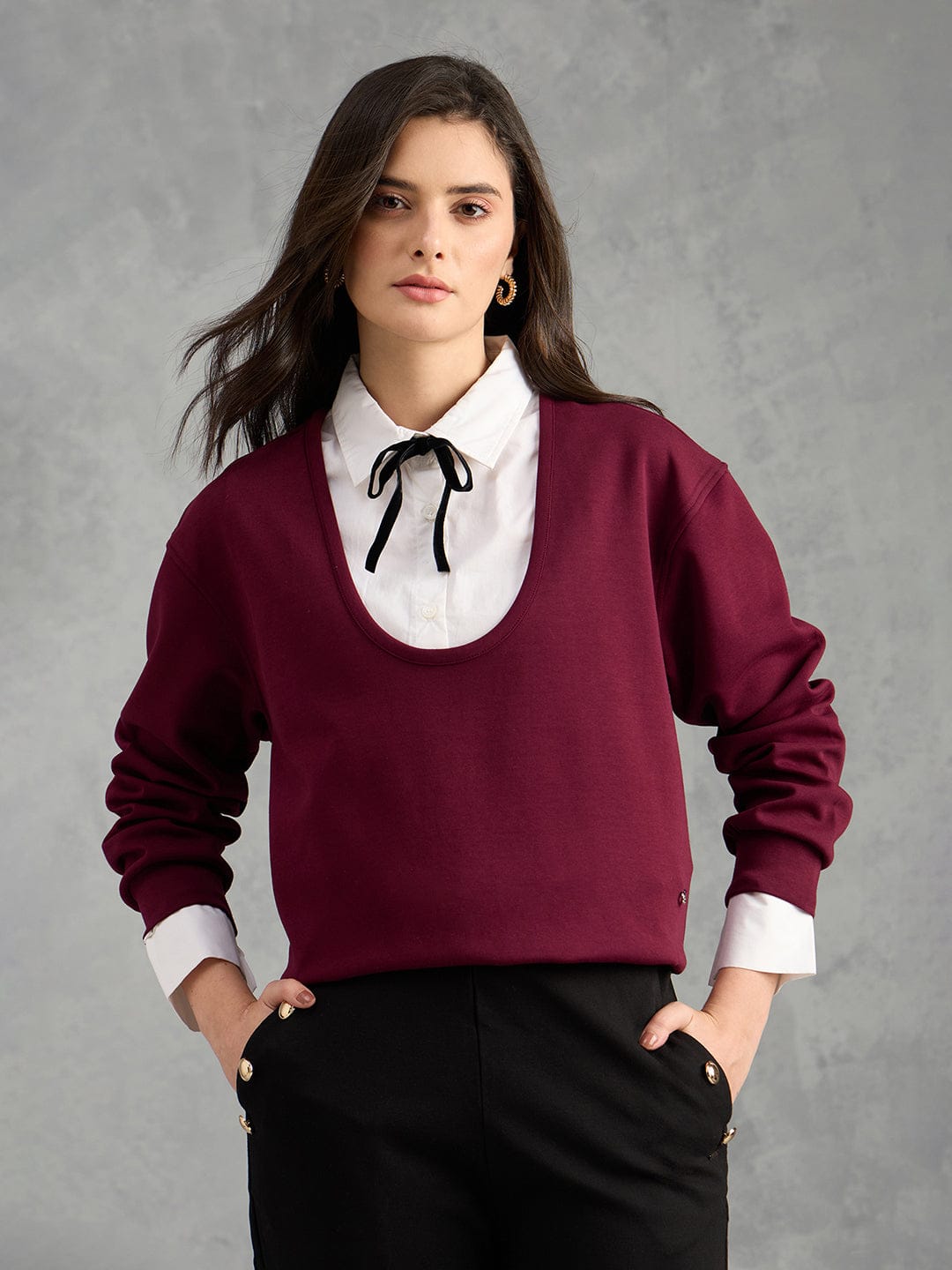 Iconic Women Maroon Solid Pure Cotton Collared Loose Fit Sweatshirt