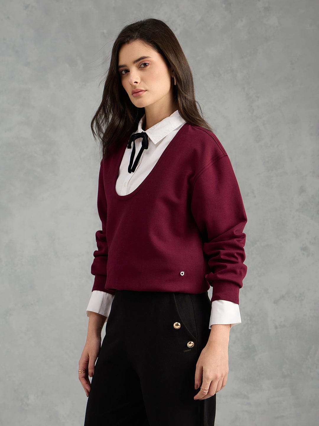 Iconic Women Maroon Solid Pure Cotton Collared Loose Fit Sweatshirt