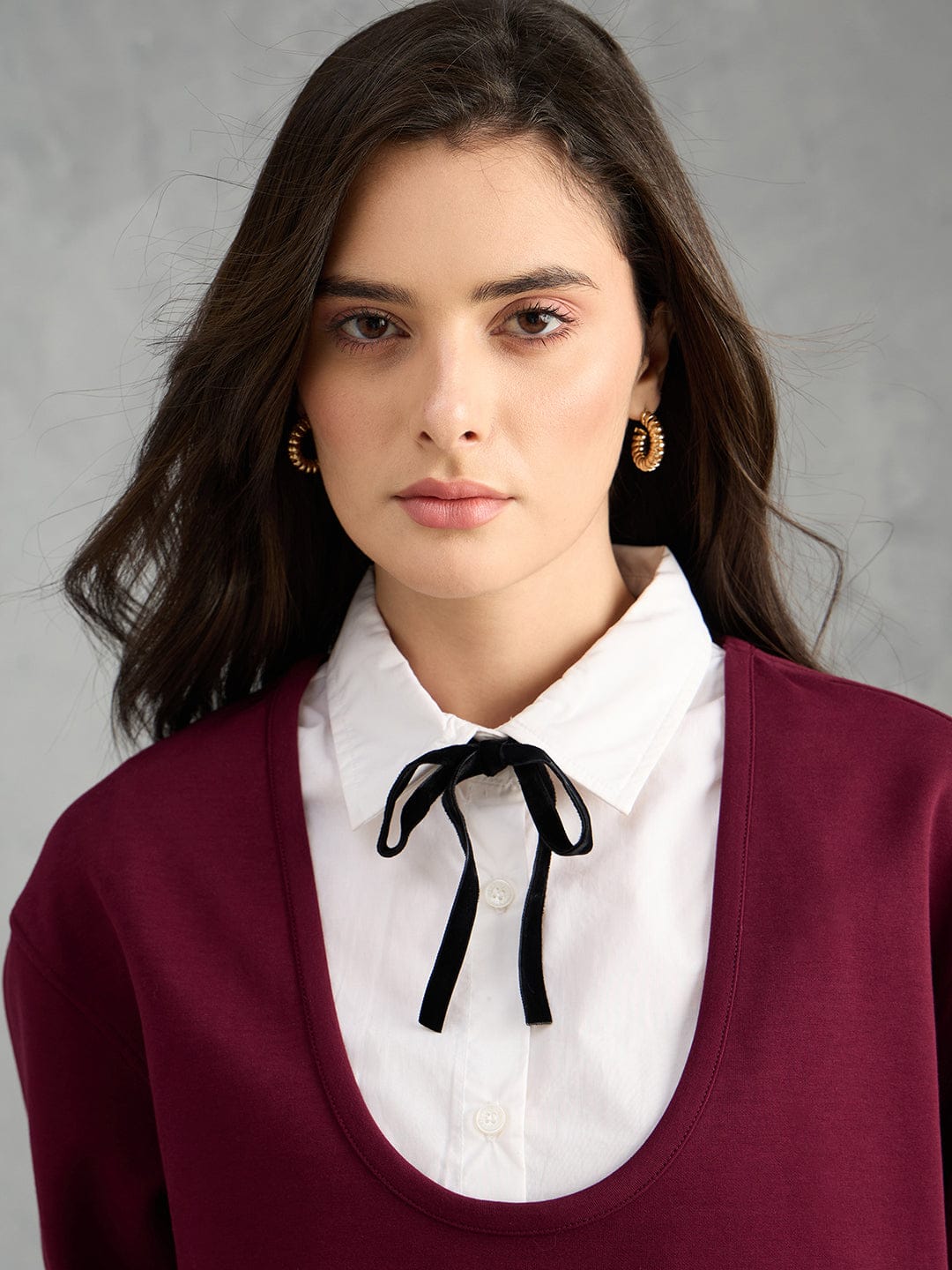 Iconic Women Maroon Solid Pure Cotton Collared Loose Fit Sweatshirt