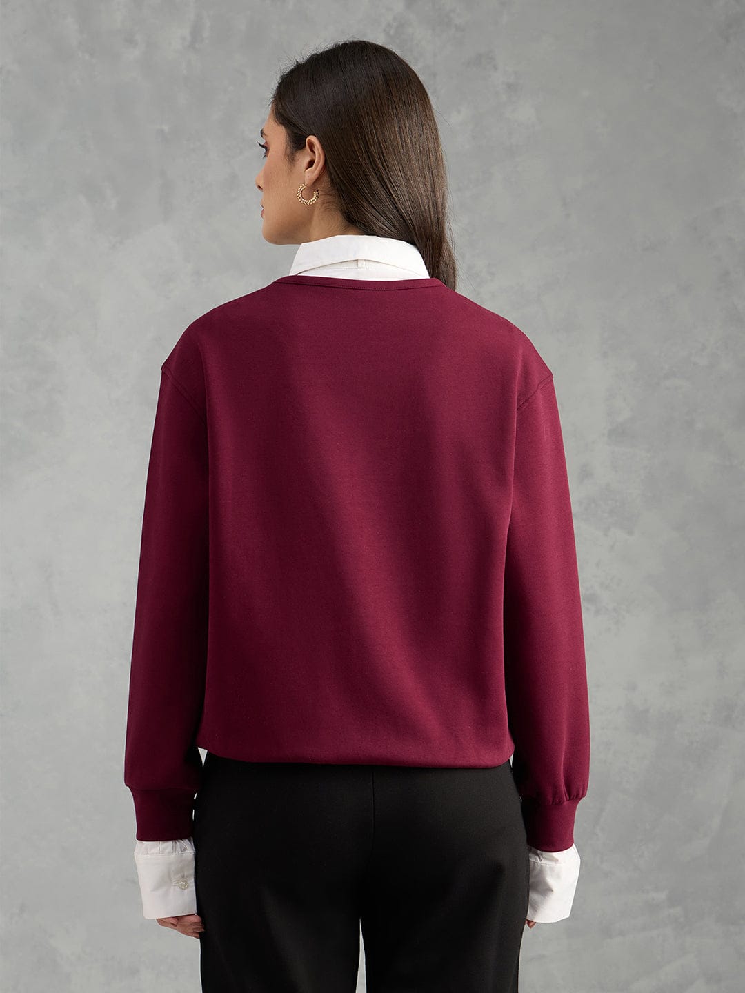 Iconic Women Maroon Solid Pure Cotton Collared Loose Fit Sweatshirt