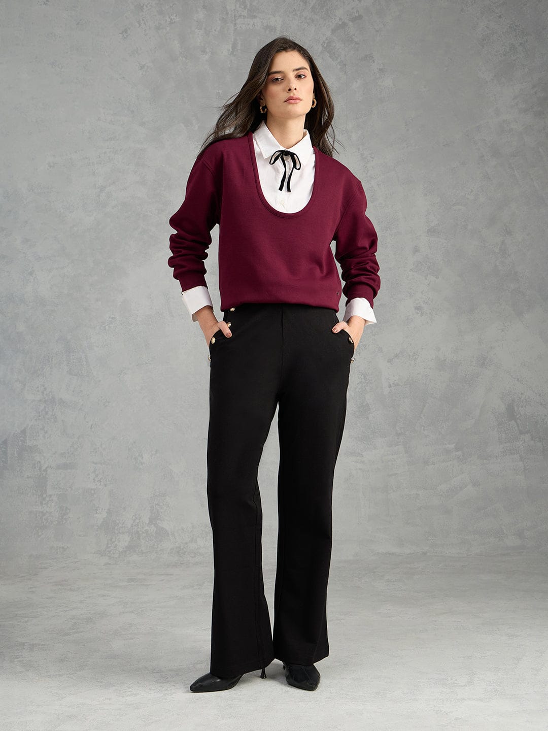 Iconic Women Maroon Solid Pure Cotton Collared Loose Fit Sweatshirt