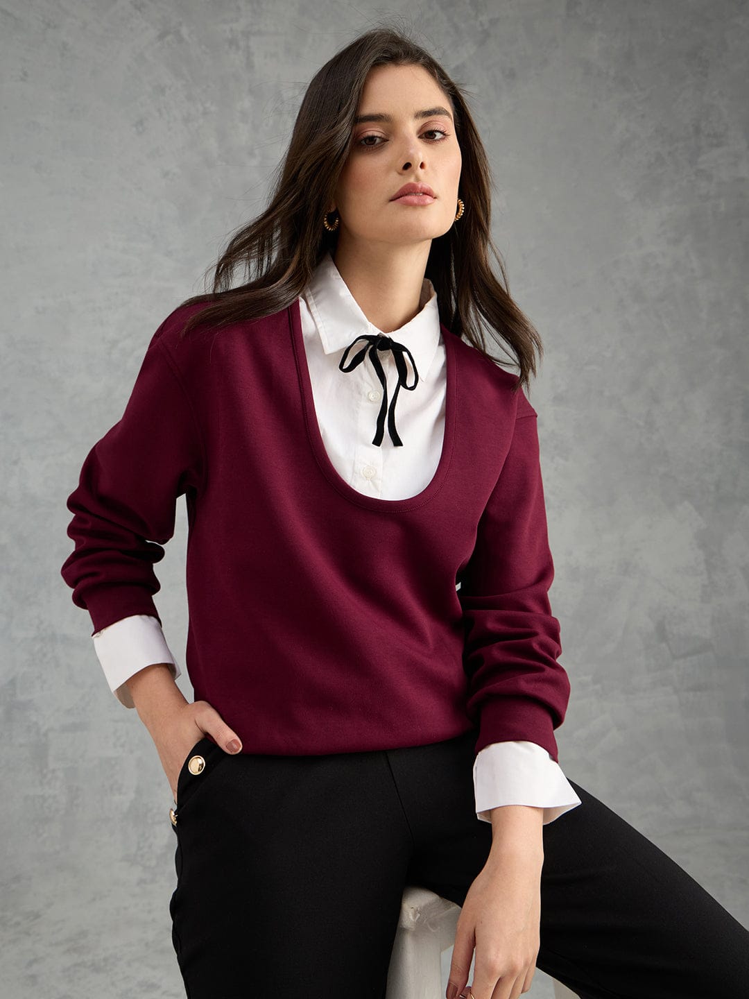 Iconic Women Maroon Solid Pure Cotton Collared Loose Fit Sweatshirt