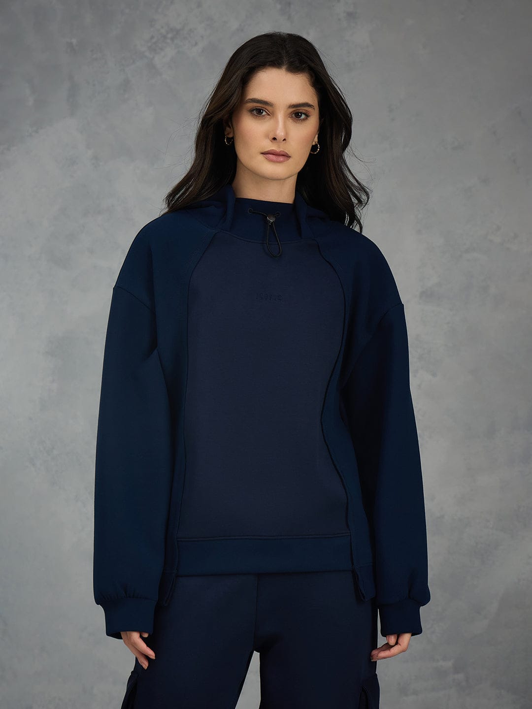 Iconic Women Navy Blue Solid Hoodie