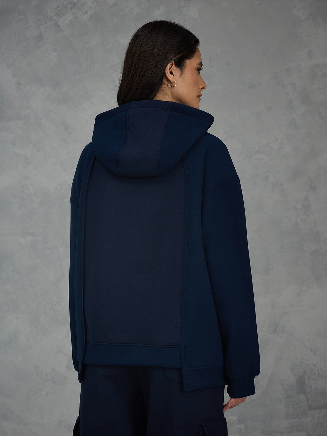 Iconic Women Navy Blue Solid Hoodie