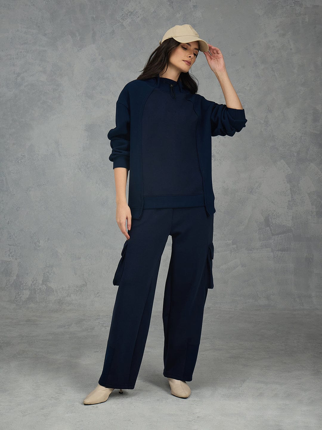 Iconic Women Navy Blue Solid Hoodie