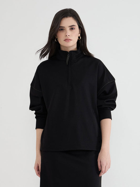 Iconic Women Black Solid Collared Sweatshirt