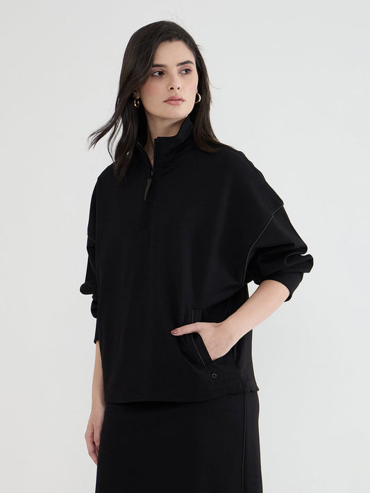 Iconic Women Black Solid Collared Sweatshirt