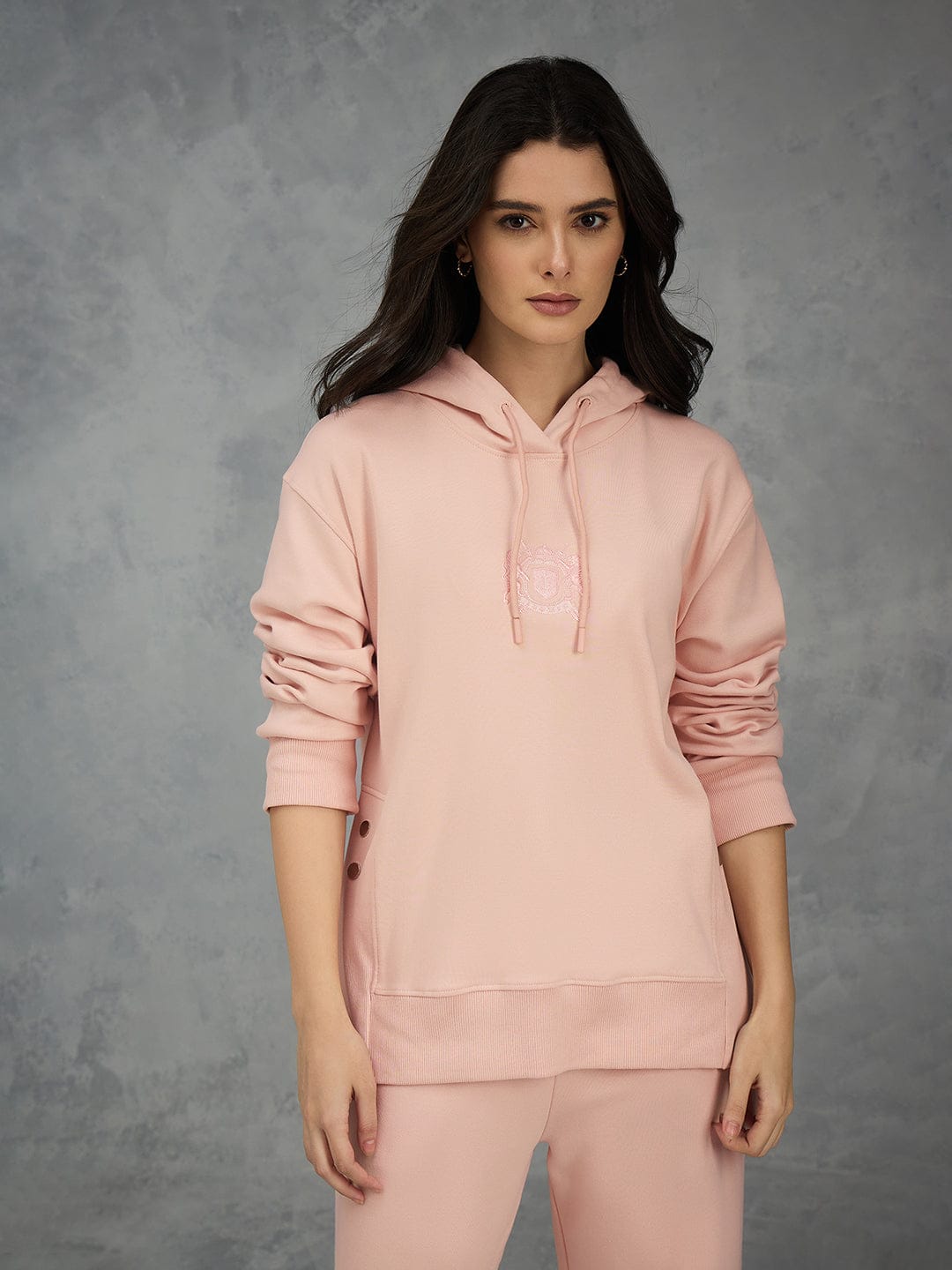 Iconic Women Pink Solid Hoodie Loose Fit