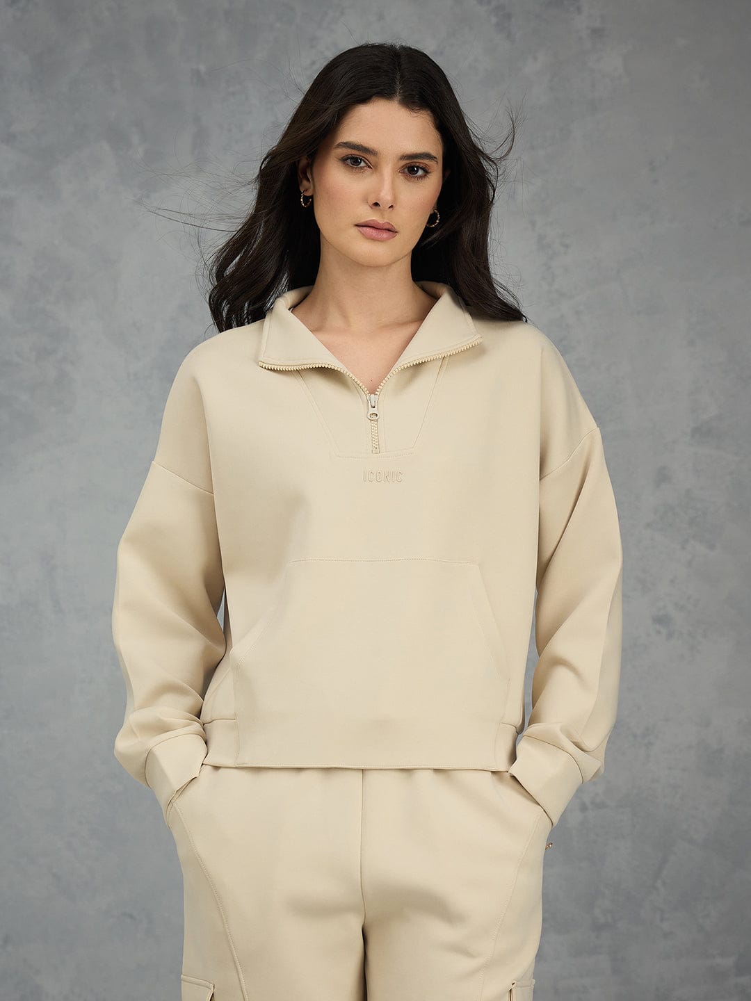 Iconic Women Beige Solid Collared Sweatshirt