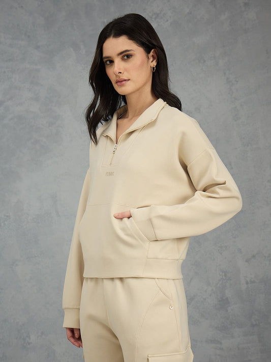 Iconic Women Beige Solid Collared Sweatshirt