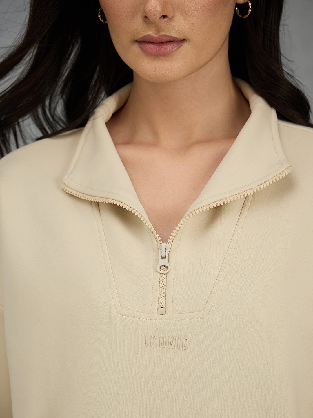 Iconic Women Beige Solid Collared Sweatshirt