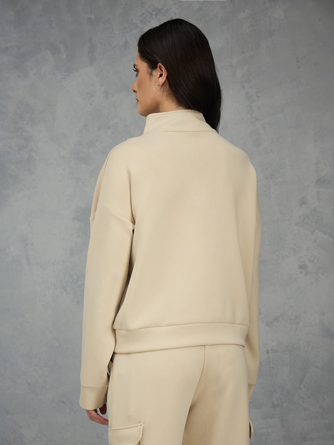 Iconic Women Beige Solid Collared Sweatshirt