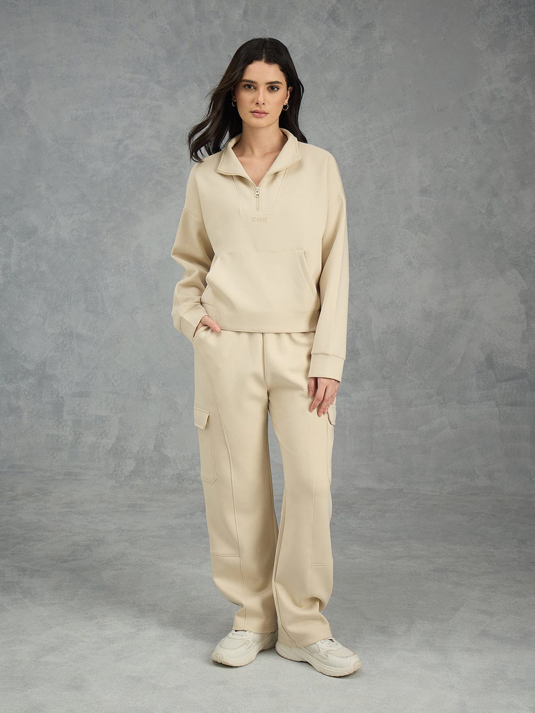 Iconic Women Beige Solid Collared Sweatshirt