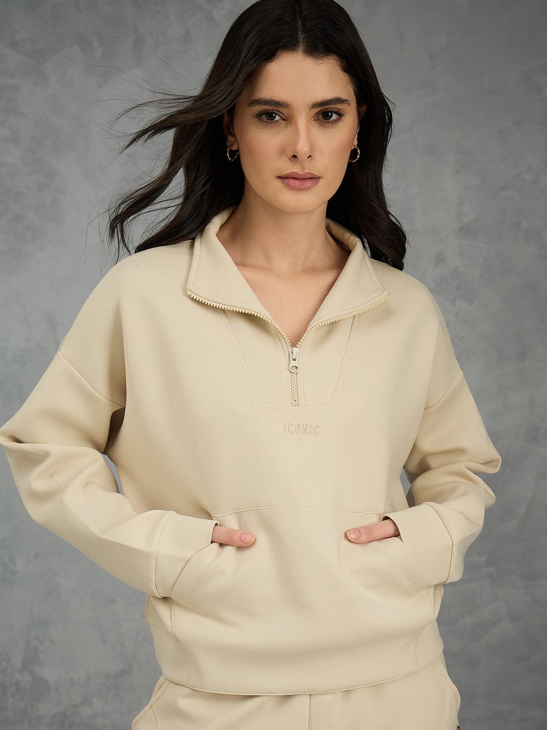 Iconic Women Beige Solid Collared Sweatshirt