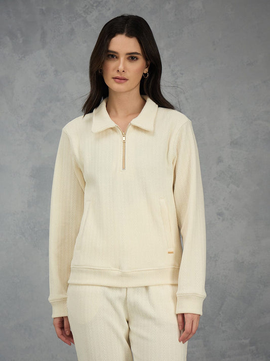 Iconic Women Cream Solid Collared Sweatshirt