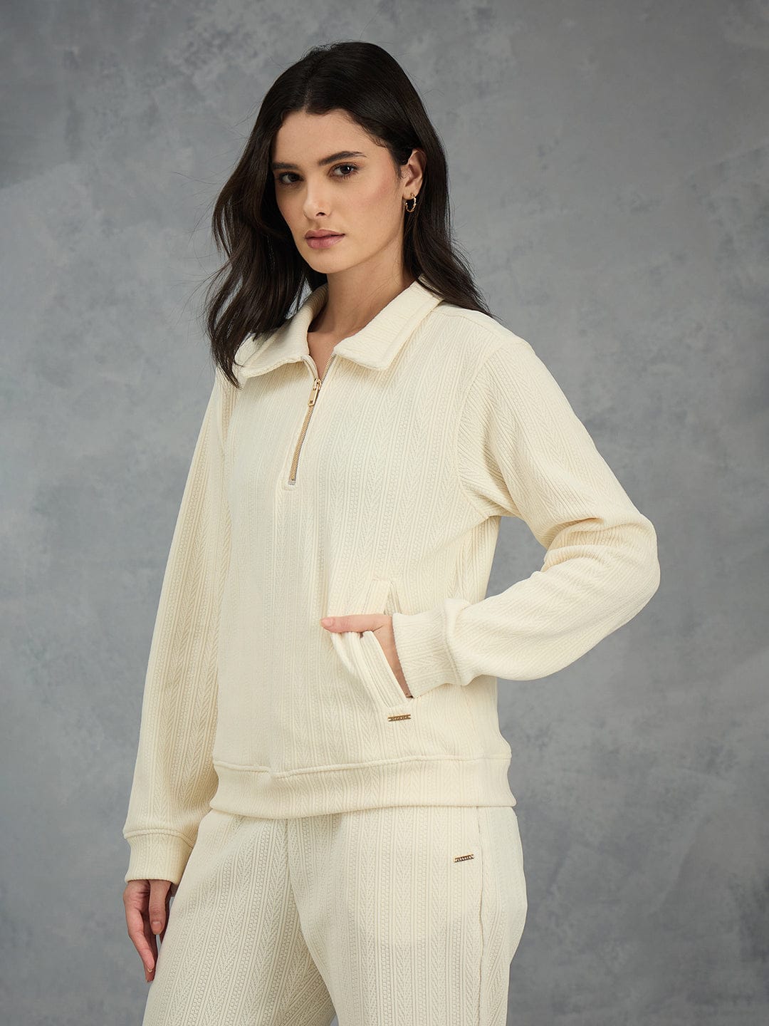 Iconic Women Cream Solid Collared Sweatshirt