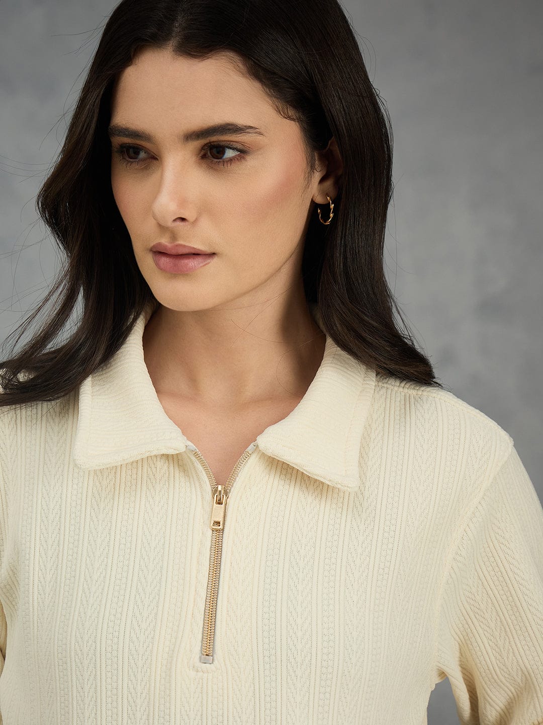 Iconic Women Cream Solid Collared Sweatshirt