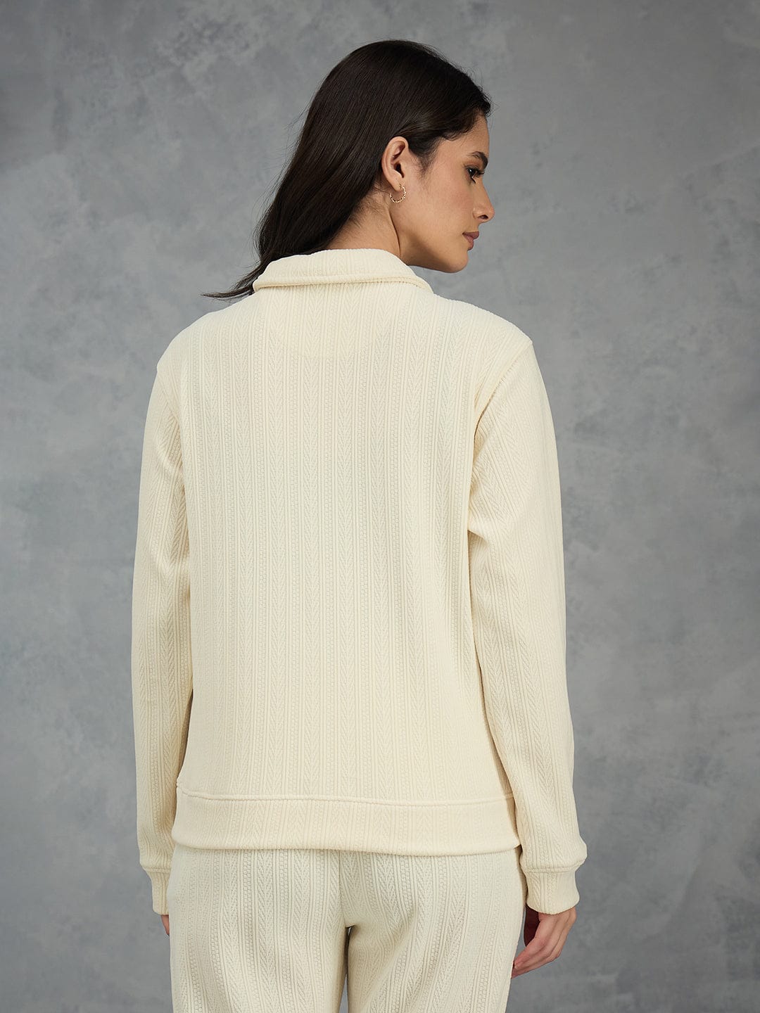 Iconic Women Cream Solid Collared Sweatshirt