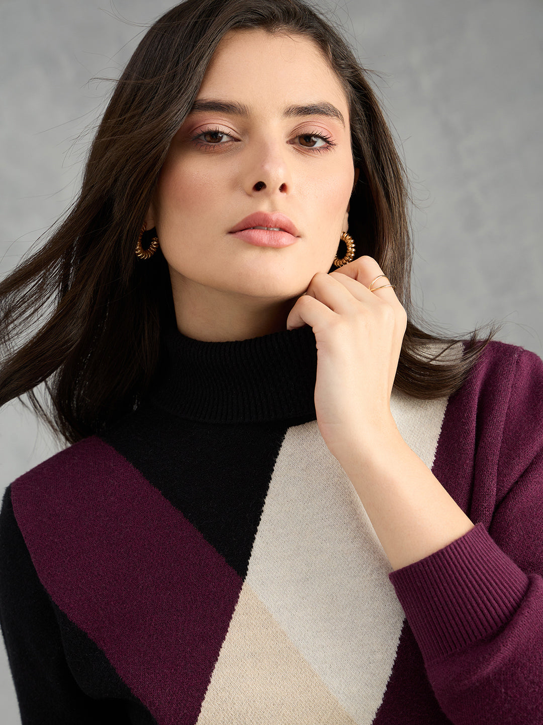 Iconic Women Multicolor Textured High Neck Sweater