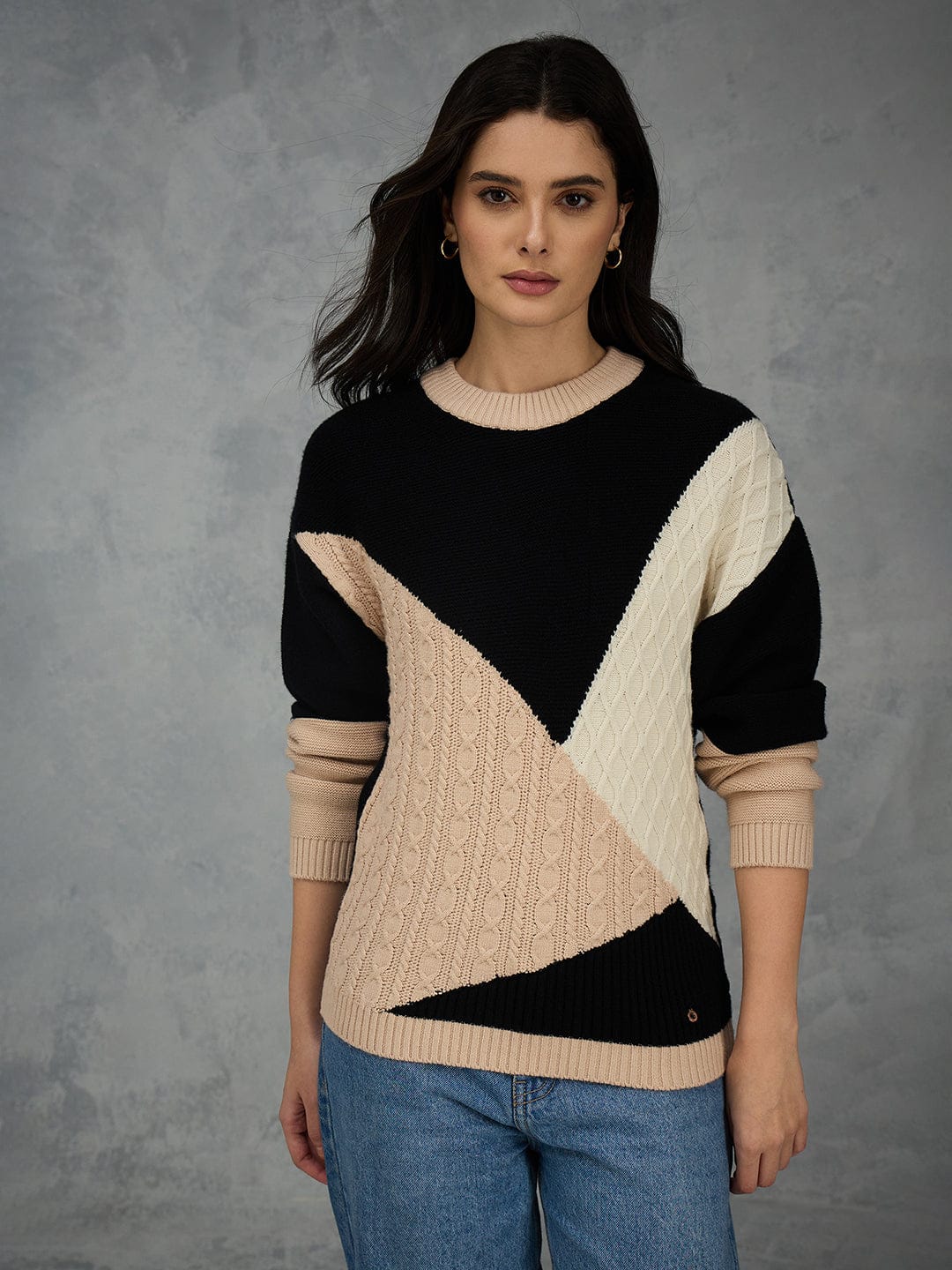 Iconic Women Multicolor Textured Round Neck Sweater