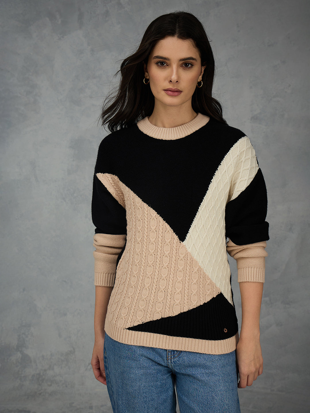 Iconic Women Multicolor Textured Round Neck Sweater