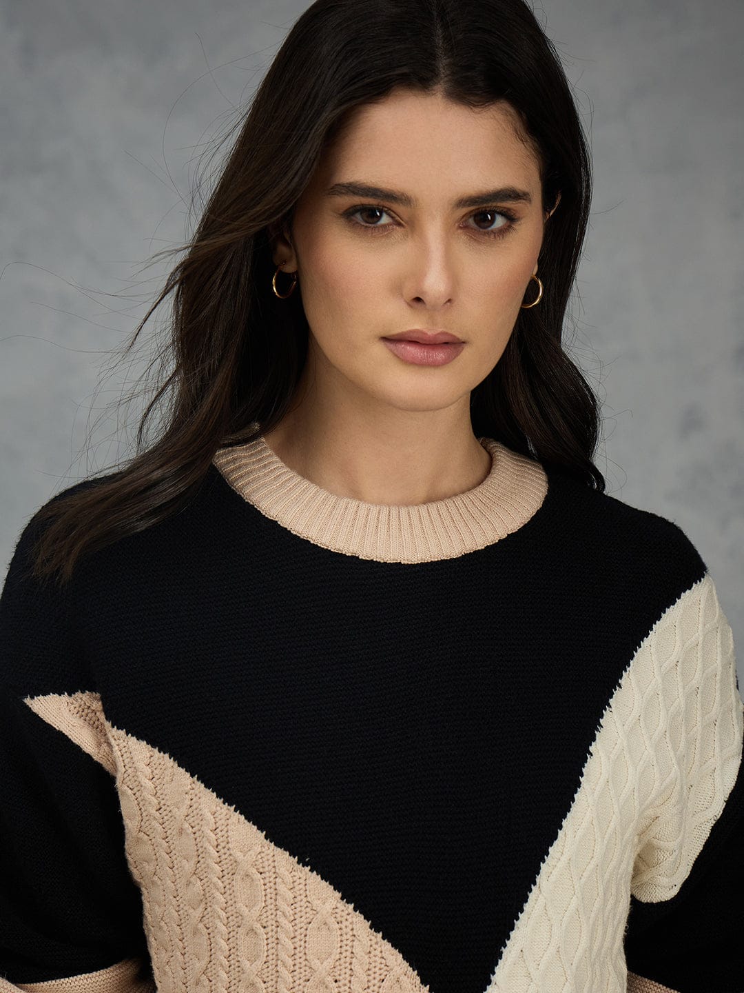 Iconic Women Multicolor Textured Round Neck Sweater