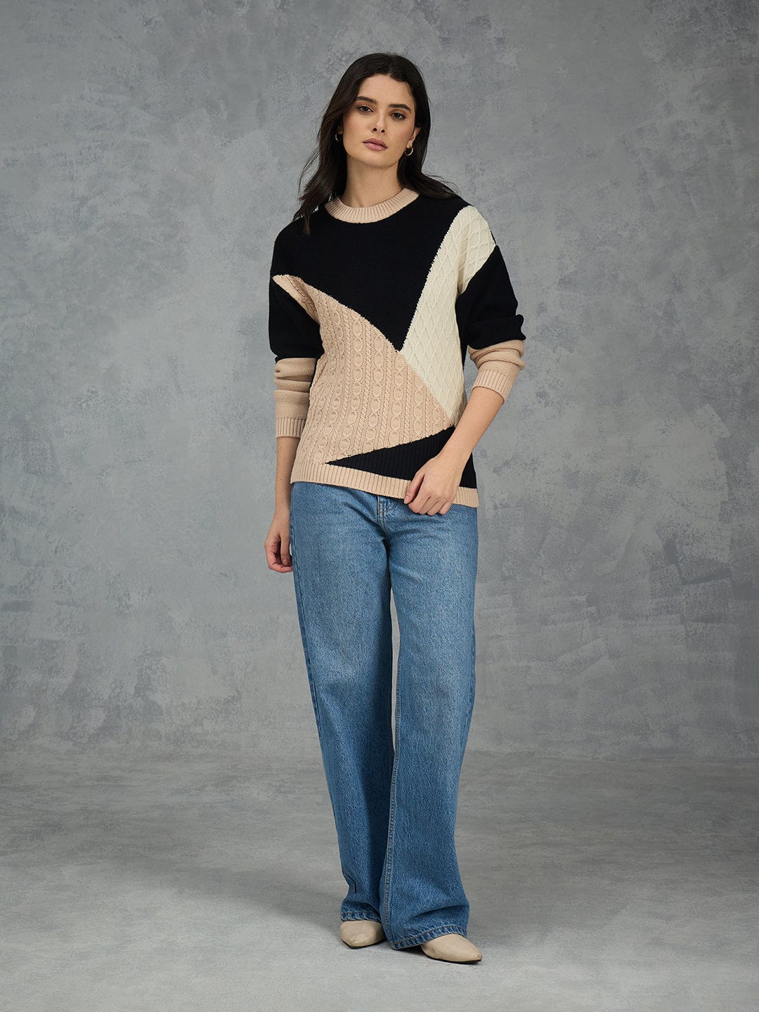 Iconic Women Multicolor Textured Round Neck Sweater
