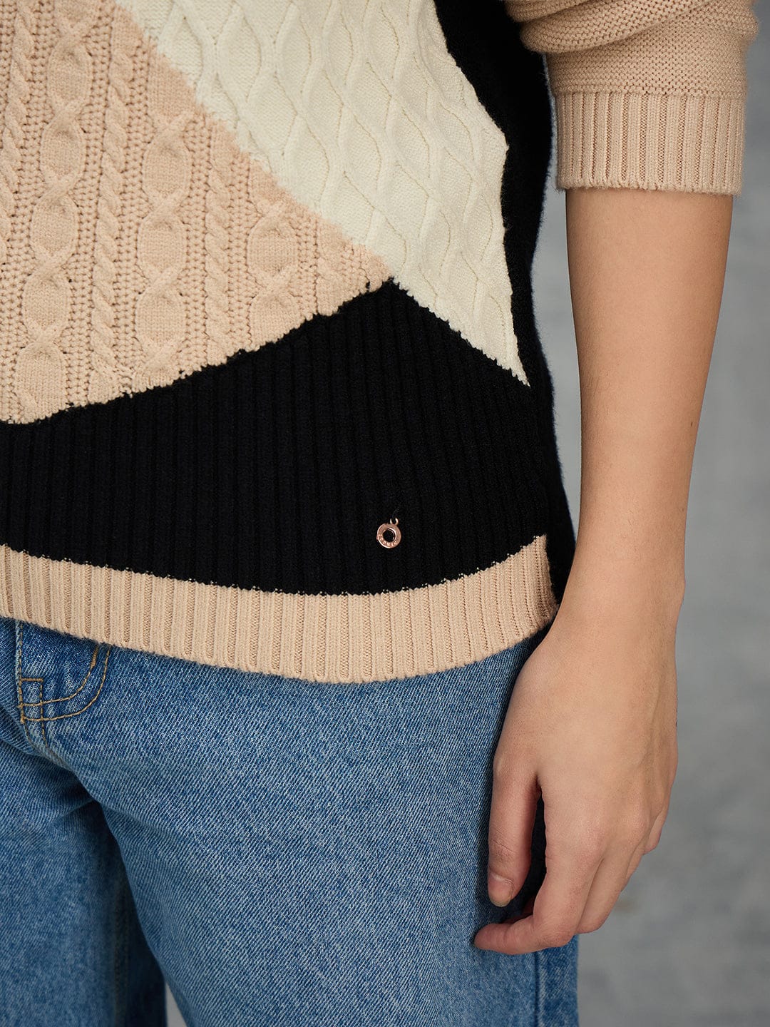 Iconic Women Multicolor Textured Round Neck Sweater