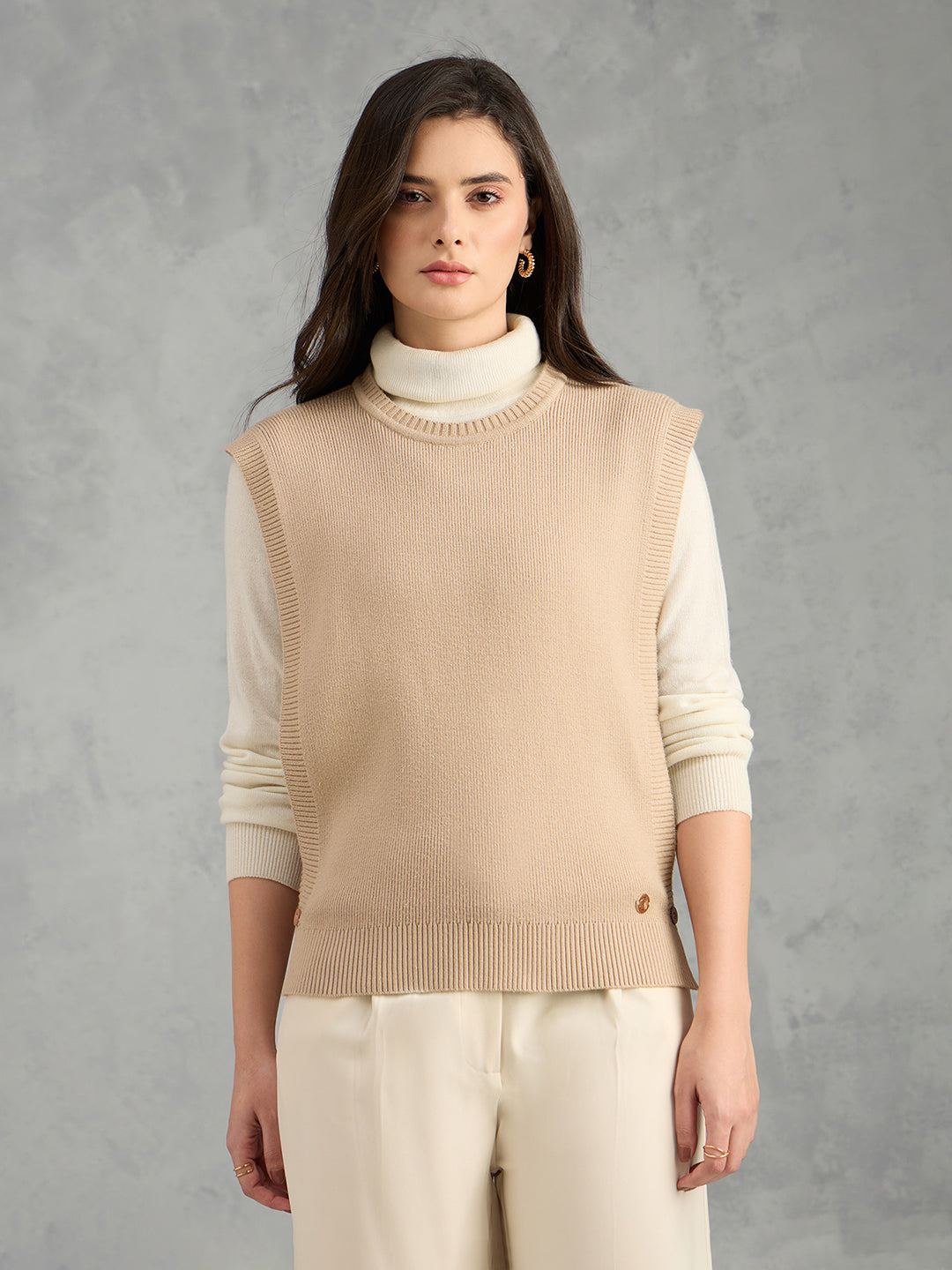 Iconic Women Beige Textured Round Neck Straight Fit Sweater