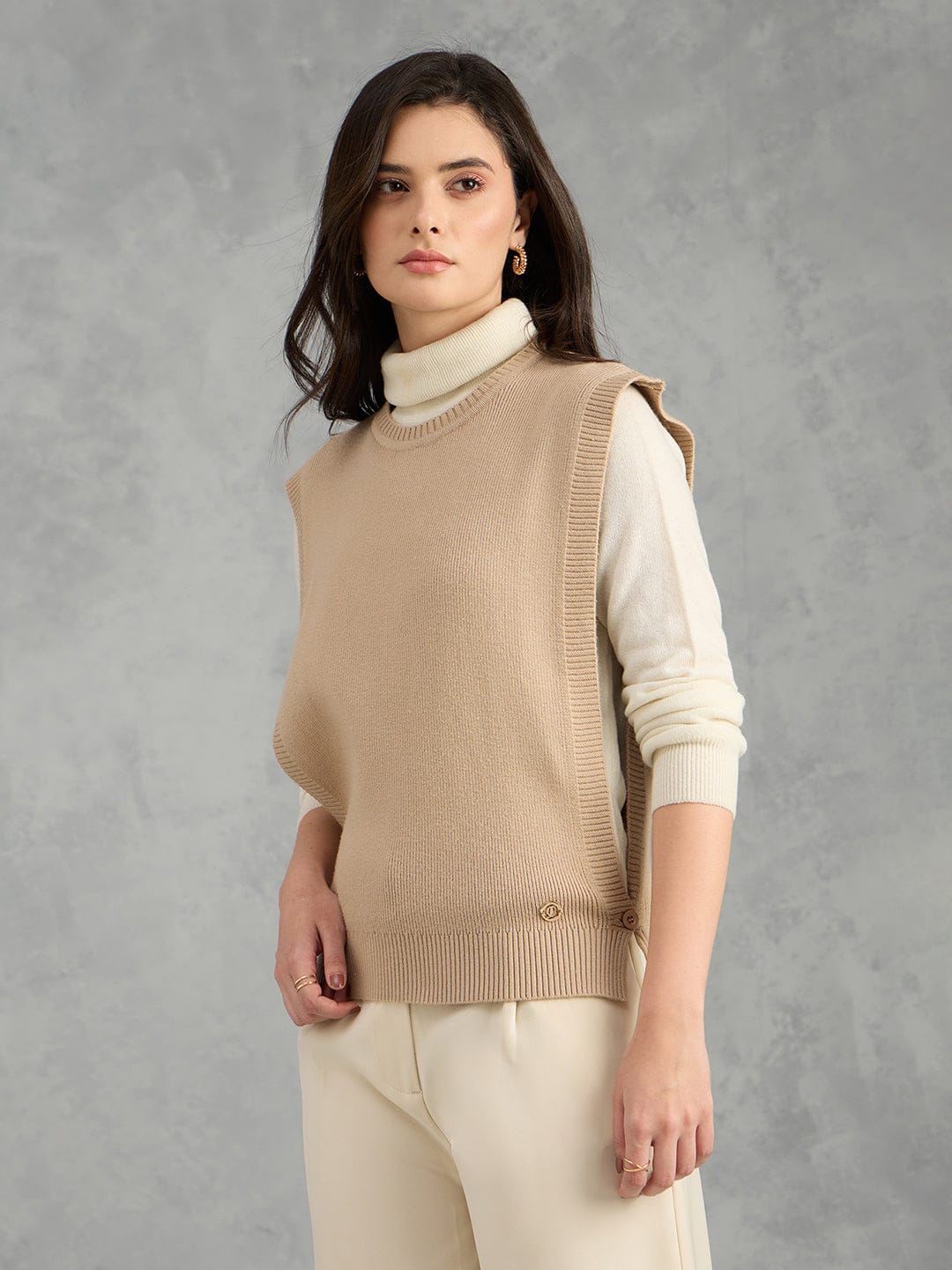Iconic Women Beige Textured Round Neck Straight Fit Sweater