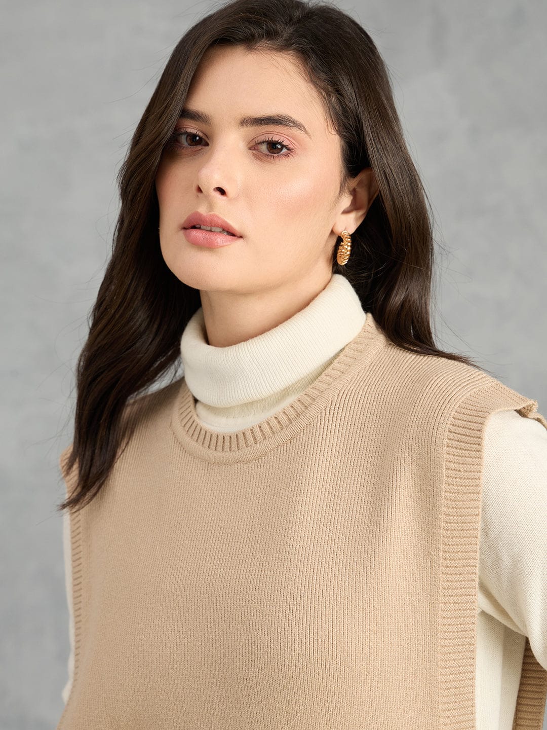 Iconic Women Beige Textured Round Neck Straight Fit Sweater