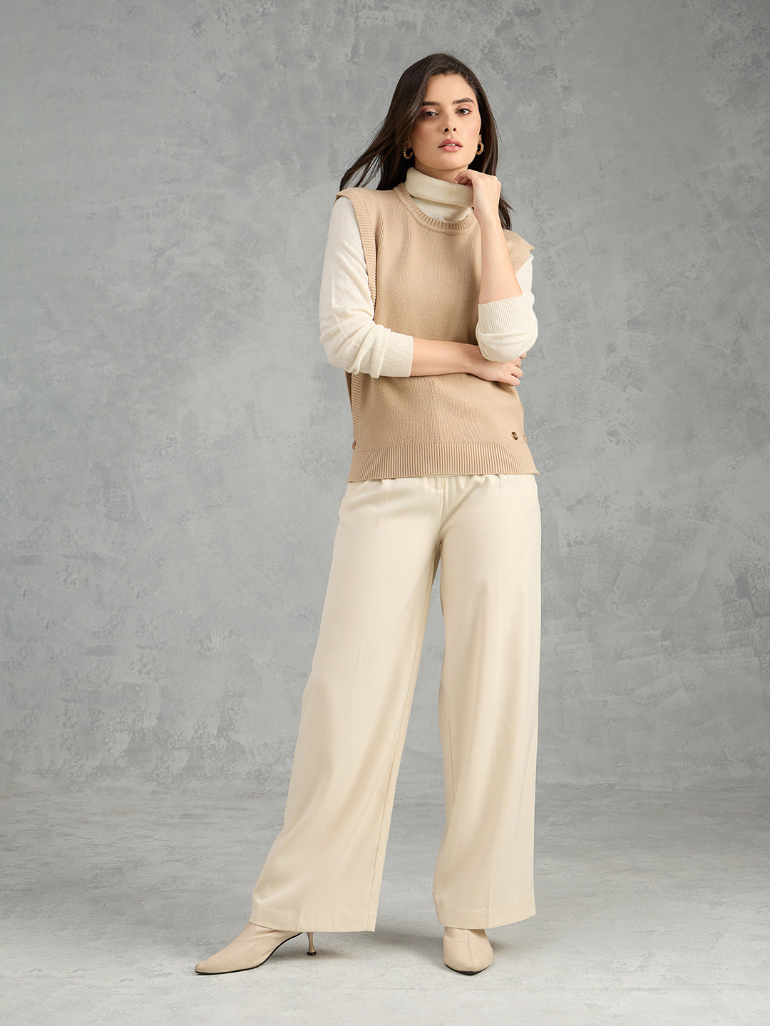 Iconic Women Beige Textured Round Neck Straight Fit Sweater