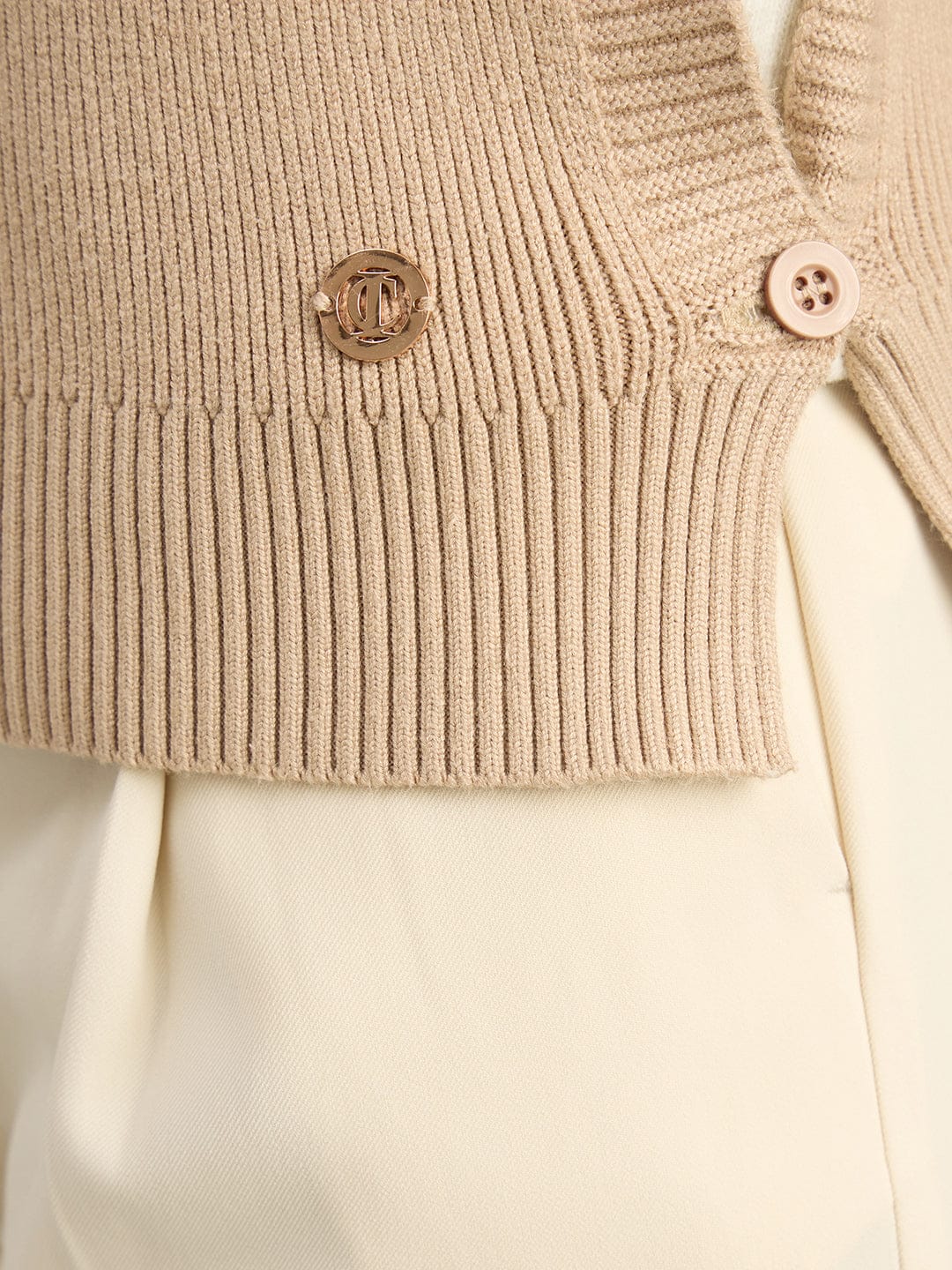 Iconic Women Beige Textured Round Neck Straight Fit Sweater