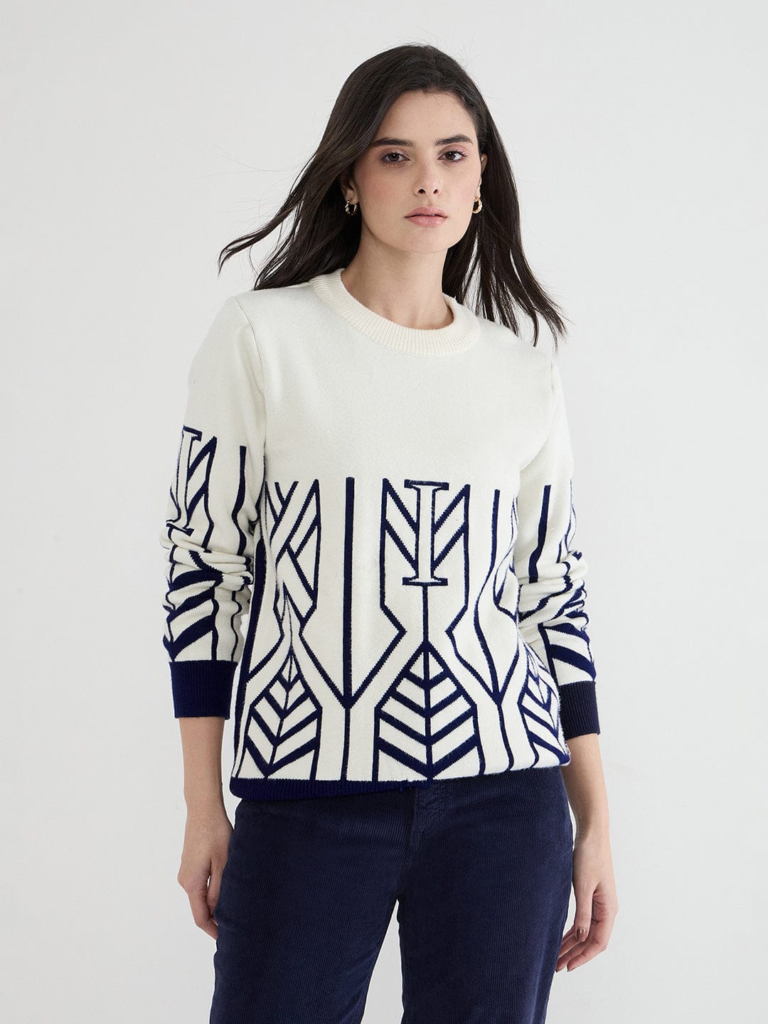Iconic Women White Textured Round Neck Sweater