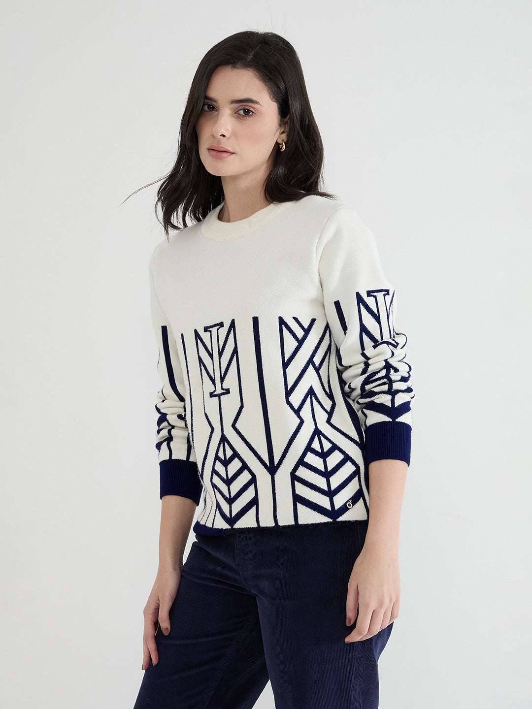 Iconic Women White Textured Round Neck Sweater