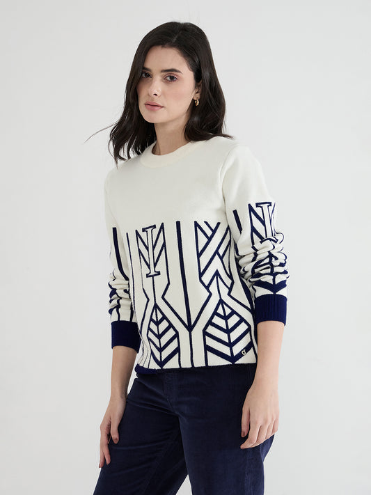Iconic Women White Textured Round Neck Sweater