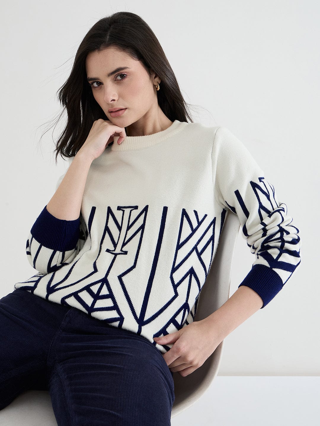 Iconic Women White Textured Round Neck Sweater