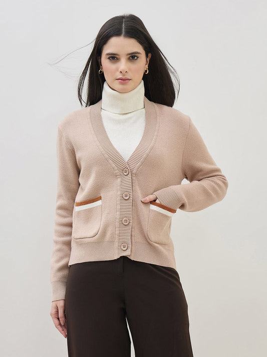 ICONIC Women Beige Textured V Neck Regular Fit Sweater