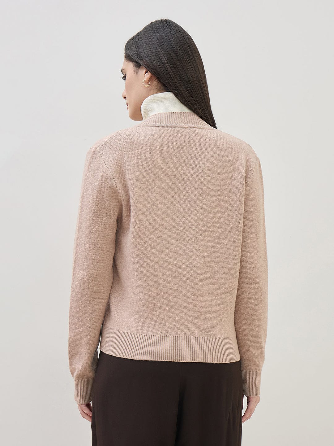 ICONIC Women Beige Textured V Neck Regular Fit Sweater