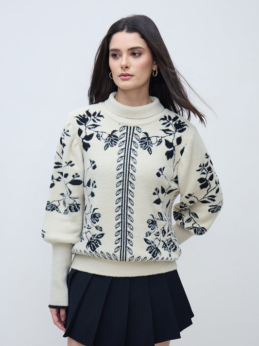 Iconic Women Off White Textured High Neck Sweater