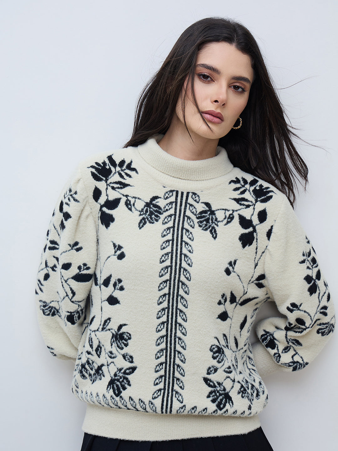 Iconic Women Off White Textured High Neck Sweater