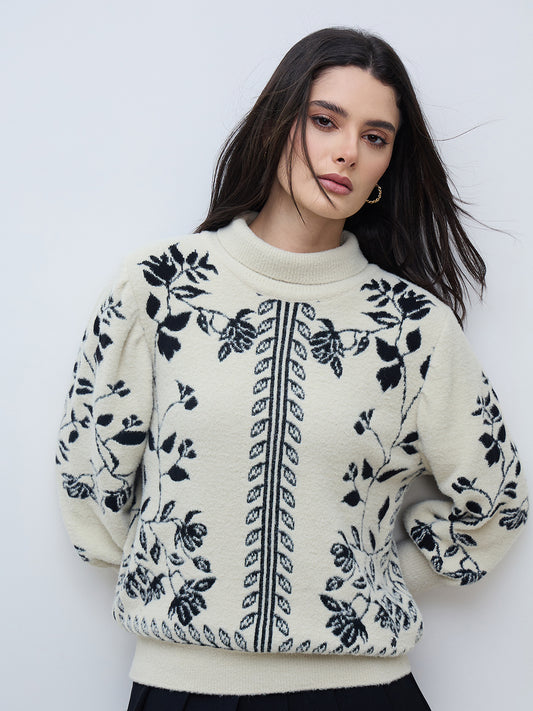 Iconic Women Off White Textured High Neck Sweater