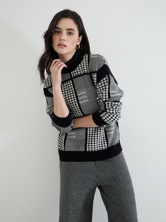 Iconic Women Black Textured Round Neck Sweater