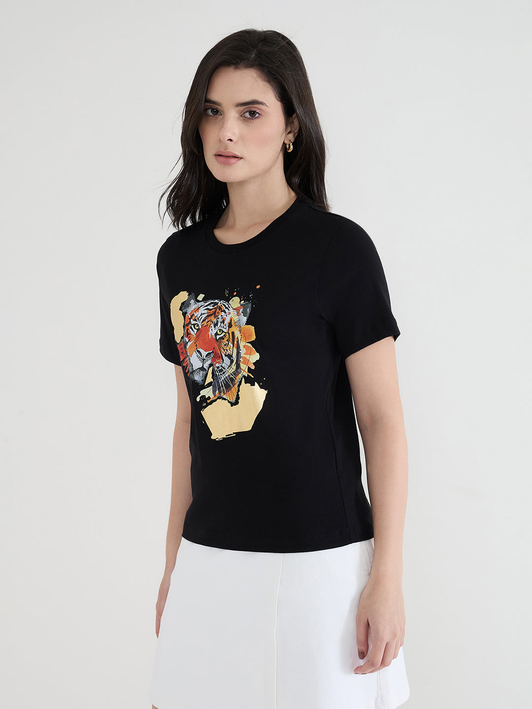 Iconic Women Black Printed Pure Cotton Round Neck T-Shirt